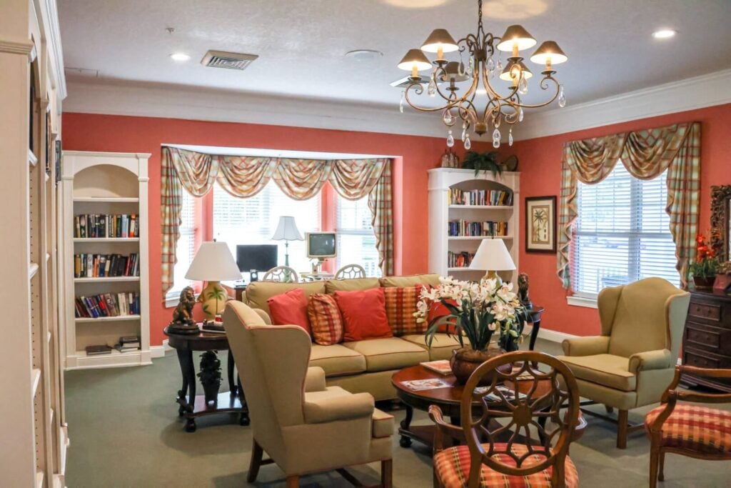 Comfortable Community Library Lounge at Assisted Living Facility