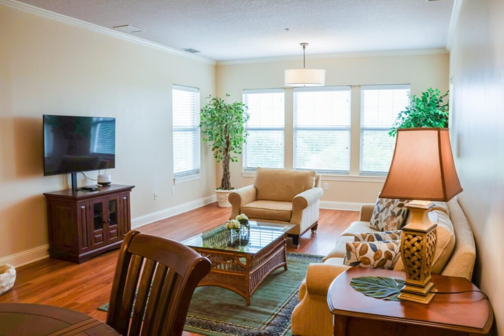 Modern Living Room with Television at Assisted Living Facility